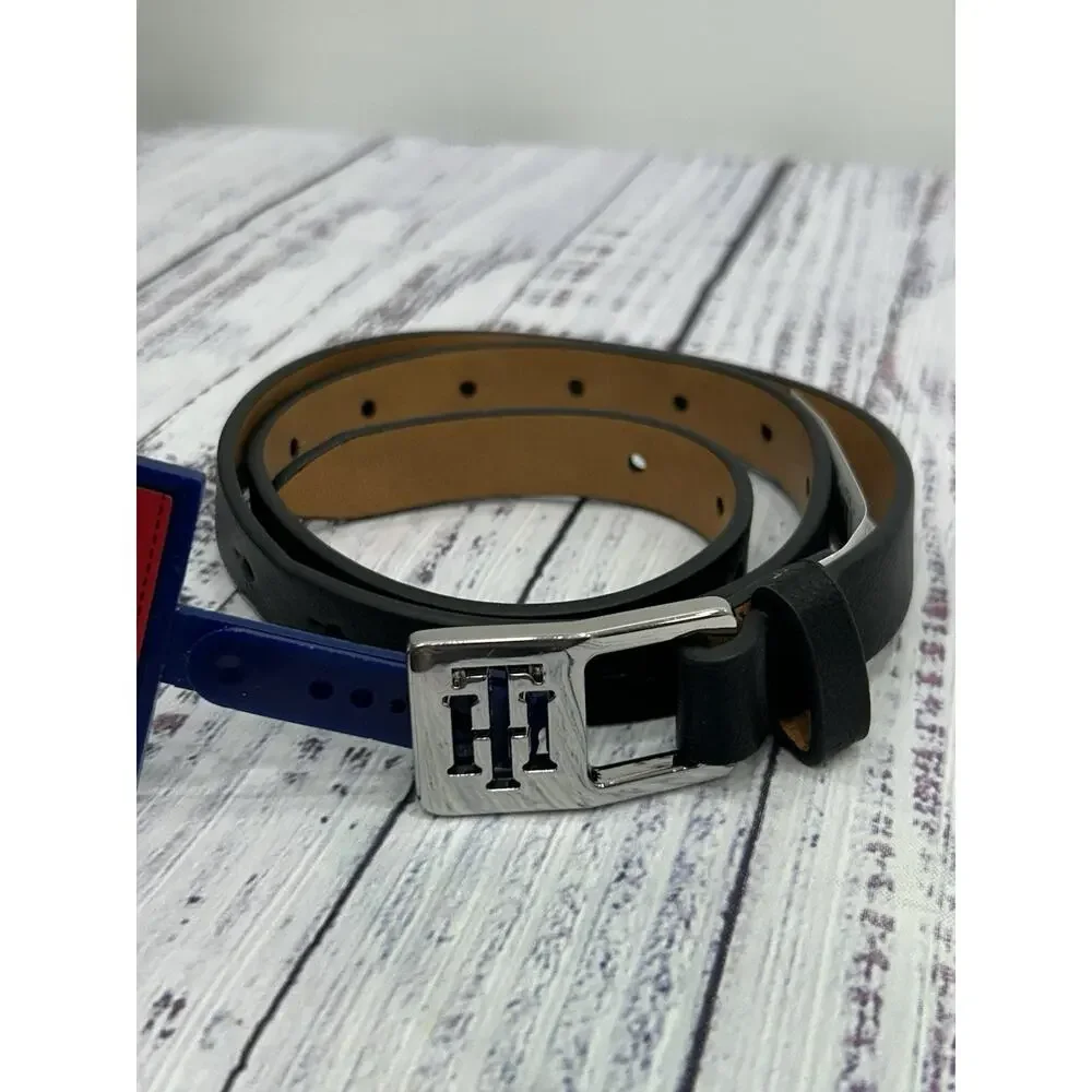 Tommy Hilfiger Womens Black Synthetic Leather‎ Silver Logo Buckle Dress Belt XS